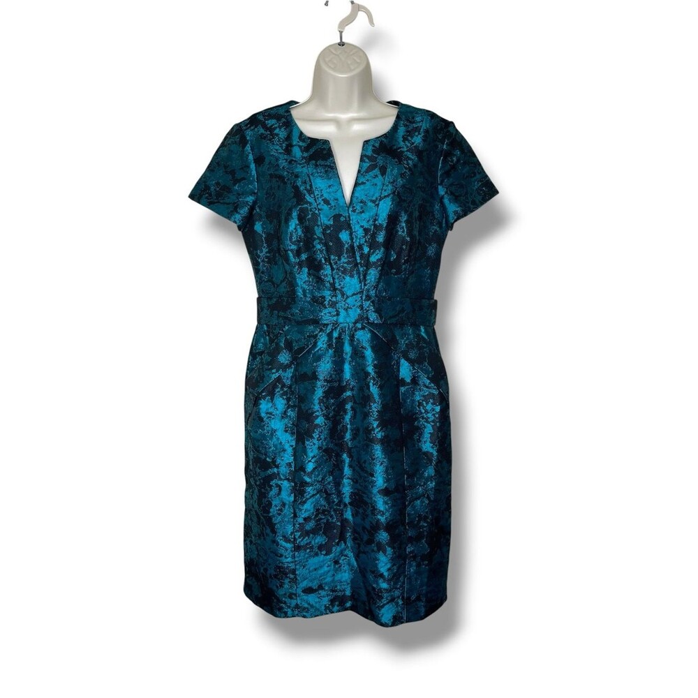 Antonio Melani Blue Black Brocade Sheath Cocktail Party Dress Women 6 Elegant